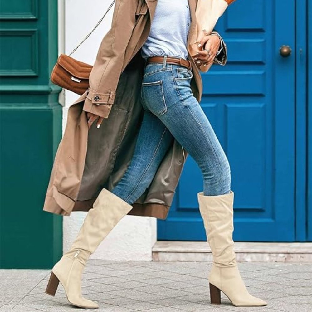 PiePieBuy Womens Faux Suede Knee High Boots Wide Calf Pointed Toe High SZ 7